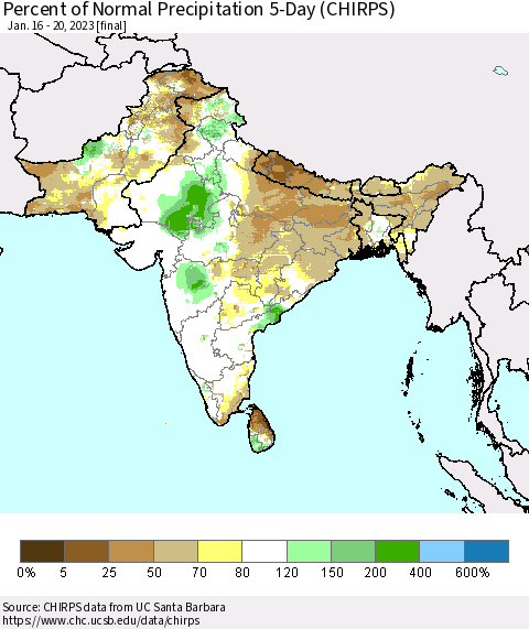 Southern Asia Percent of Normal Precipitation 5-Day (CHIRPS) Thematic Map For 1/16/2023 - 1/20/2023