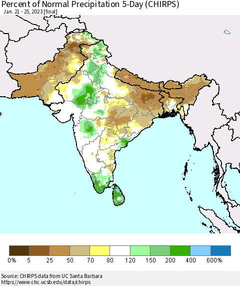 Southern Asia Percent of Normal Precipitation 5-Day (CHIRPS) Thematic Map For 1/21/2023 - 1/25/2023