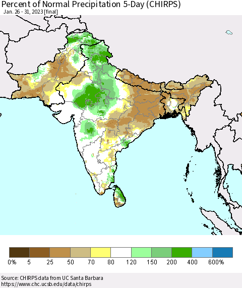 Southern Asia Percent of Normal Precipitation 5-Day (CHIRPS) Thematic Map For 1/26/2023 - 1/31/2023