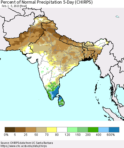 Southern Asia Percent of Normal Precipitation 5-Day (CHIRPS) Thematic Map For 2/1/2023 - 2/5/2023