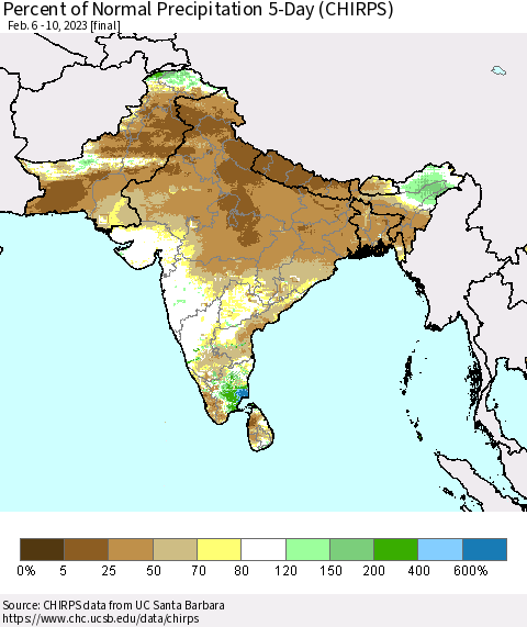 Southern Asia Percent of Normal Precipitation 5-Day (CHIRPS) Thematic Map For 2/6/2023 - 2/10/2023