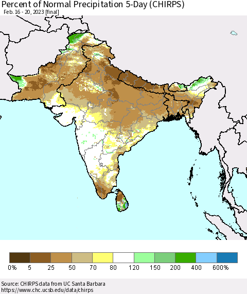 Southern Asia Percent of Normal Precipitation 5-Day (CHIRPS) Thematic Map For 2/16/2023 - 2/20/2023