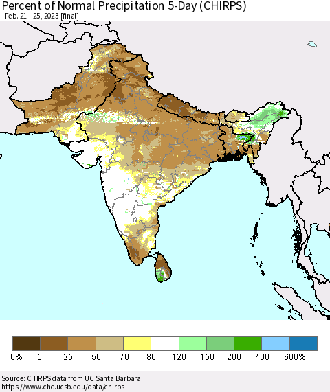 Southern Asia Percent of Normal Precipitation 5-Day (CHIRPS) Thematic Map For 2/21/2023 - 2/25/2023