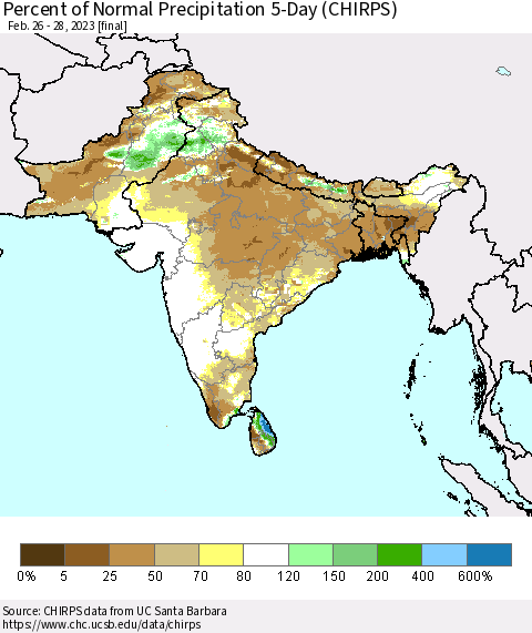 Southern Asia Percent of Normal Precipitation 5-Day (CHIRPS) Thematic Map For 2/26/2023 - 2/28/2023