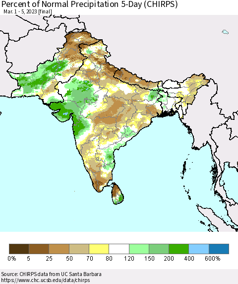 Southern Asia Percent of Normal Precipitation 5-Day (CHIRPS) Thematic Map For 3/1/2023 - 3/5/2023