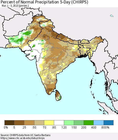 Southern Asia Percent of Normal Precipitation 5-Day (CHIRPS) Thematic Map For 3/1/2023 - 3/5/2023