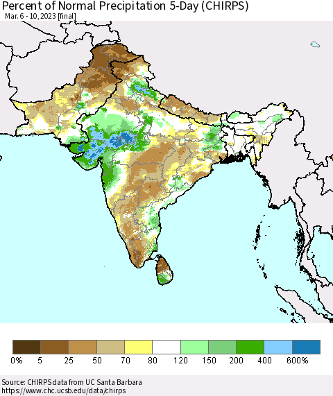 Southern Asia Percent of Normal Precipitation 5-Day (CHIRPS) Thematic Map For 3/6/2023 - 3/10/2023