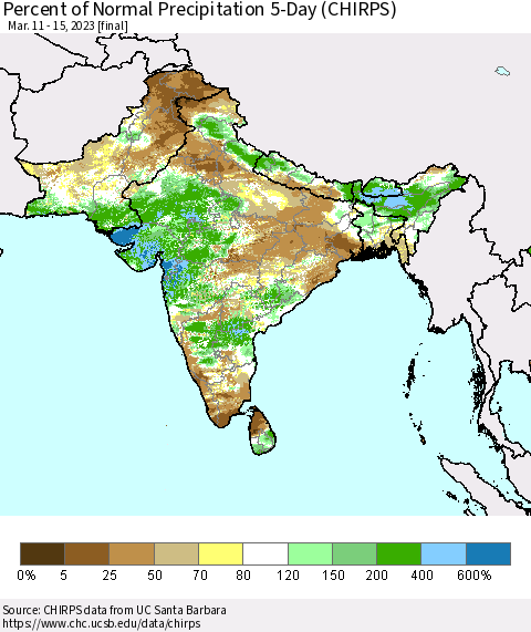 Southern Asia Percent of Normal Precipitation 5-Day (CHIRPS) Thematic Map For 3/11/2023 - 3/15/2023
