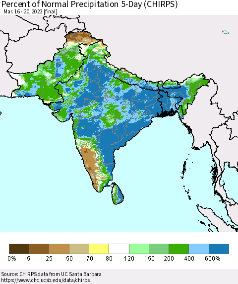 Southern Asia Percent of Normal Precipitation 5-Day (CHIRPS) Thematic Map For 3/16/2023 - 3/20/2023