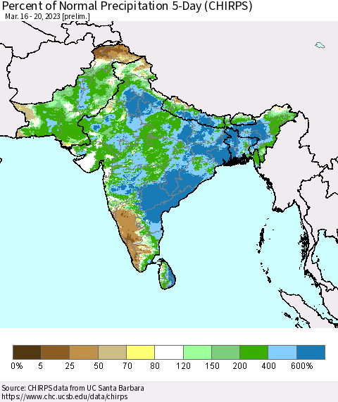 Southern Asia Percent of Normal Precipitation 5-Day (CHIRPS) Thematic Map For 3/16/2023 - 3/20/2023