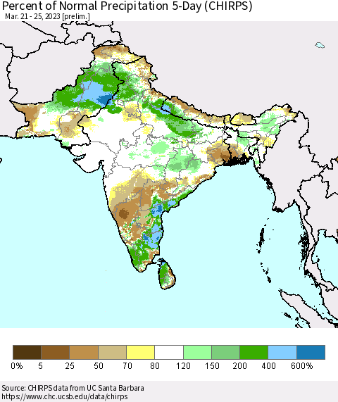 Southern Asia Percent of Normal Precipitation 5-Day (CHIRPS) Thematic Map For 3/21/2023 - 3/25/2023