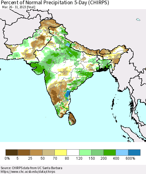 Southern Asia Percent of Normal Precipitation 5-Day (CHIRPS) Thematic Map For 3/26/2023 - 3/31/2023