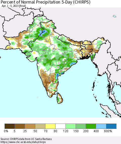 Southern Asia Percent of Normal Precipitation 5-Day (CHIRPS) Thematic Map For 4/1/2023 - 4/5/2023