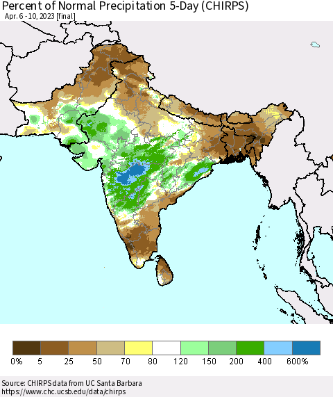 Southern Asia Percent of Normal Precipitation 5-Day (CHIRPS) Thematic Map For 4/6/2023 - 4/10/2023