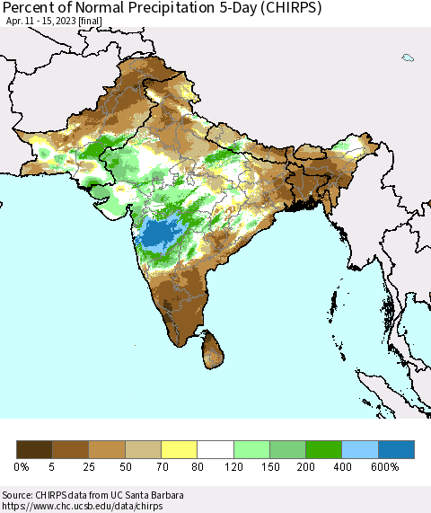Southern Asia Percent of Normal Precipitation 5-Day (CHIRPS) Thematic Map For 4/11/2023 - 4/15/2023