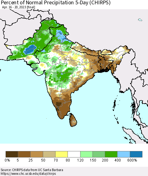 Southern Asia Percent of Normal Precipitation 5-Day (CHIRPS) Thematic Map For 4/16/2023 - 4/20/2023