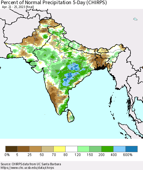 Southern Asia Percent of Normal Precipitation 5-Day (CHIRPS) Thematic Map For 4/21/2023 - 4/25/2023