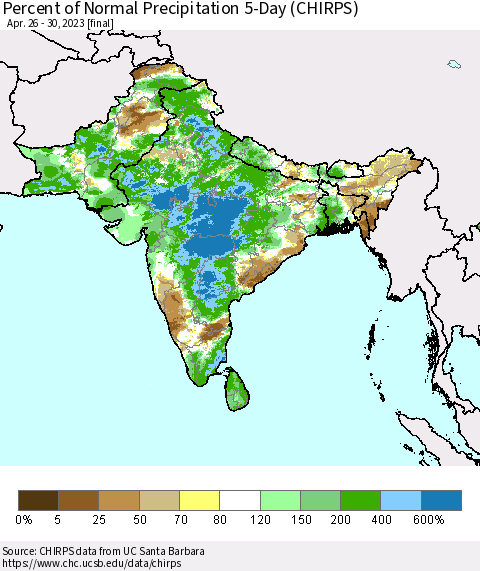 Southern Asia Percent of Normal Precipitation 5-Day (CHIRPS) Thematic Map For 4/26/2023 - 4/30/2023