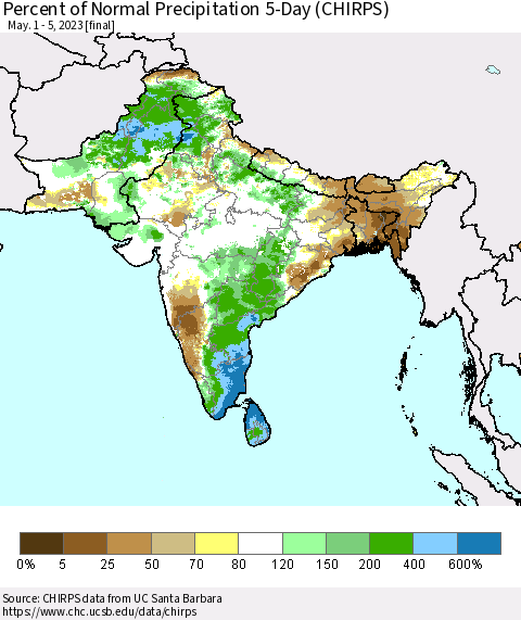 Southern Asia Percent of Normal Precipitation 5-Day (CHIRPS) Thematic Map For 5/1/2023 - 5/5/2023