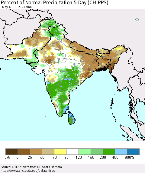 Southern Asia Percent of Normal Precipitation 5-Day (CHIRPS) Thematic Map For 5/6/2023 - 5/10/2023