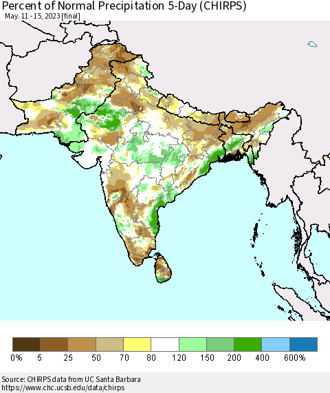 Southern Asia Percent of Normal Precipitation 5-Day (CHIRPS) Thematic Map For 5/11/2023 - 5/15/2023