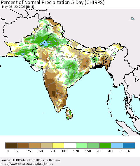 Southern Asia Percent of Normal Precipitation 5-Day (CHIRPS) Thematic Map For 5/16/2023 - 5/20/2023