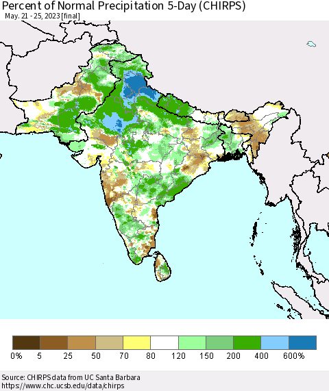 Southern Asia Percent of Normal Precipitation 5-Day (CHIRPS) Thematic Map For 5/21/2023 - 5/25/2023