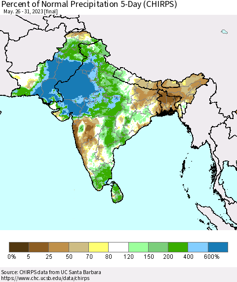 Southern Asia Percent of Normal Precipitation 5-Day (CHIRPS) Thematic Map For 5/26/2023 - 5/31/2023