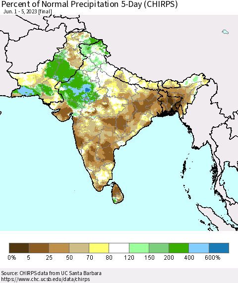 Southern Asia Percent of Normal Precipitation 5-Day (CHIRPS) Thematic Map For 6/1/2023 - 6/5/2023