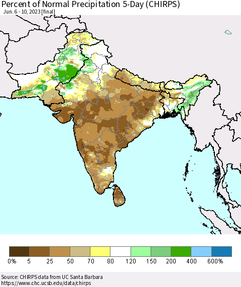 Southern Asia Percent of Normal Precipitation 5-Day (CHIRPS) Thematic Map For 6/6/2023 - 6/10/2023