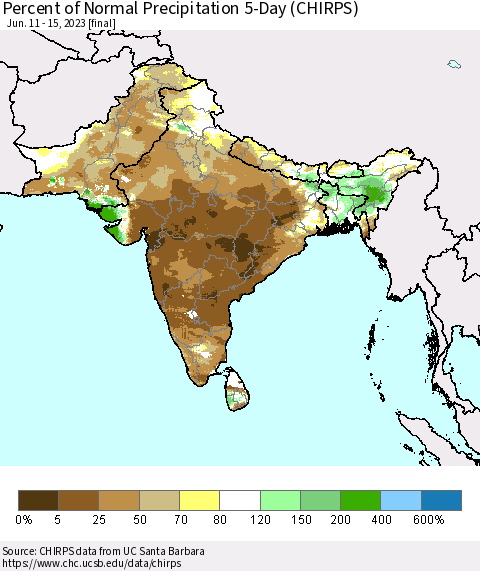Southern Asia Percent of Normal Precipitation 5-Day (CHIRPS) Thematic Map For 6/11/2023 - 6/15/2023
