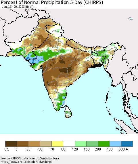 Southern Asia Percent of Normal Precipitation 5-Day (CHIRPS) Thematic Map For 6/16/2023 - 6/20/2023