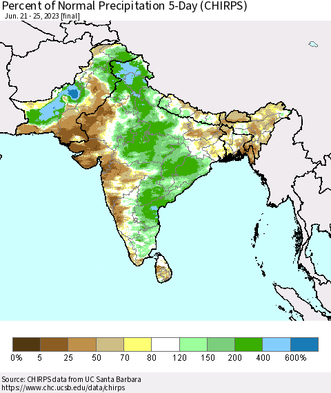 Southern Asia Percent of Normal Precipitation 5-Day (CHIRPS) Thematic Map For 6/21/2023 - 6/25/2023