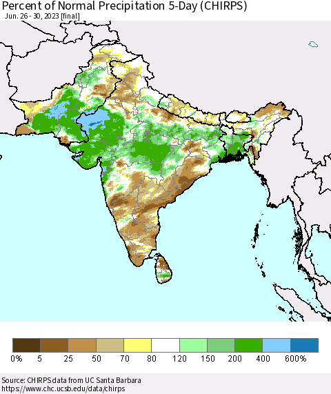 Southern Asia Percent of Normal Precipitation 5-Day (CHIRPS) Thematic Map For 6/26/2023 - 6/30/2023