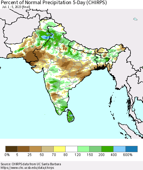 Southern Asia Percent of Normal Precipitation 5-Day (CHIRPS) Thematic Map For 7/1/2023 - 7/5/2023