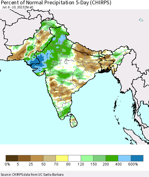 Southern Asia Percent of Normal Precipitation 5-Day (CHIRPS) Thematic Map For 7/6/2023 - 7/10/2023