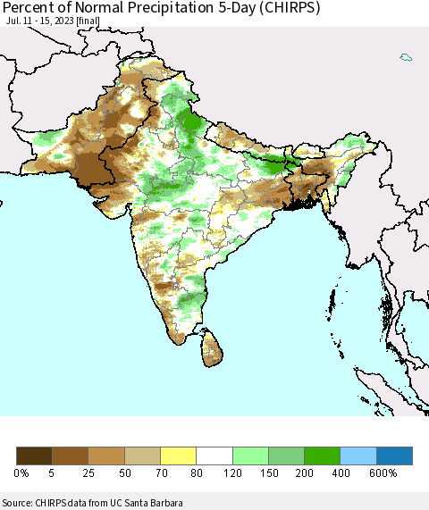 Southern Asia Percent of Normal Precipitation 5-Day (CHIRPS) Thematic Map For 7/11/2023 - 7/15/2023