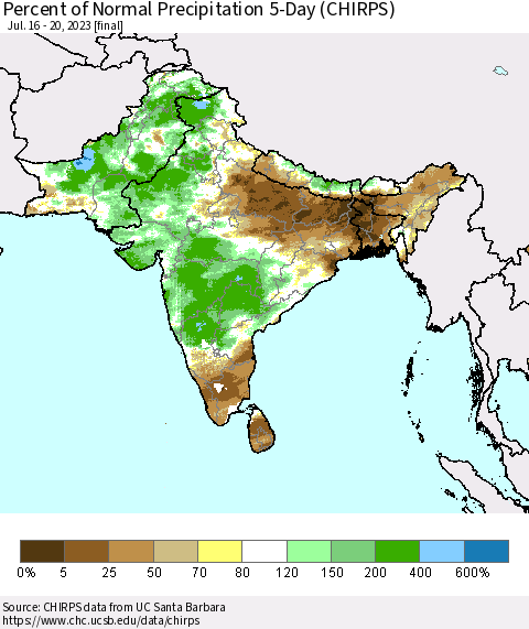 Southern Asia Percent of Normal Precipitation 5-Day (CHIRPS) Thematic Map For 7/16/2023 - 7/20/2023