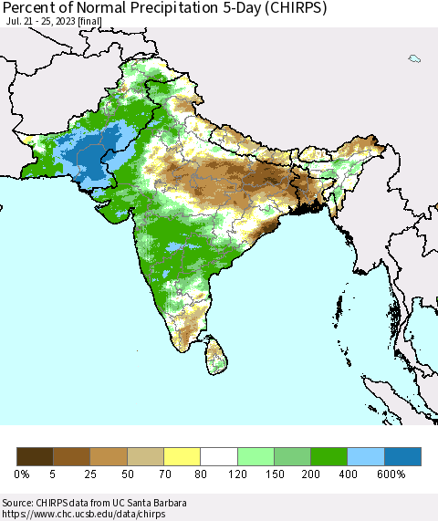Southern Asia Percent of Normal Precipitation 5-Day (CHIRPS) Thematic Map For 7/21/2023 - 7/25/2023