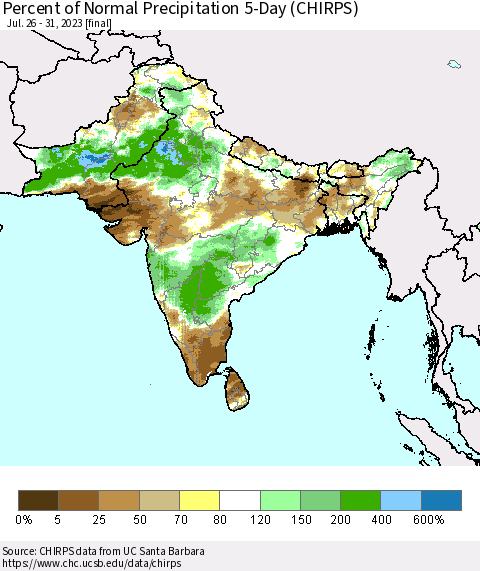 Southern Asia Percent of Normal Precipitation 5-Day (CHIRPS) Thematic Map For 7/26/2023 - 7/31/2023