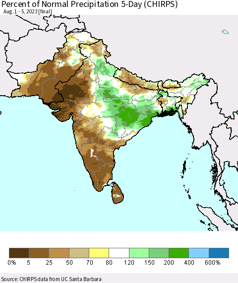 Southern Asia Percent of Normal Precipitation 5-Day (CHIRPS) Thematic Map For 8/1/2023 - 8/5/2023