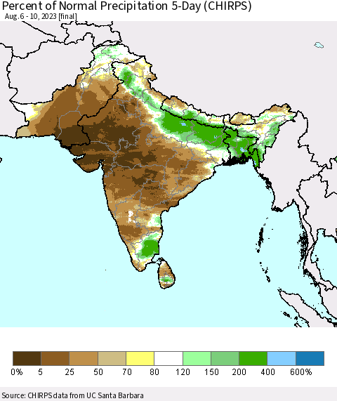 Southern Asia Percent of Normal Precipitation 5-Day (CHIRPS) Thematic Map For 8/6/2023 - 8/10/2023