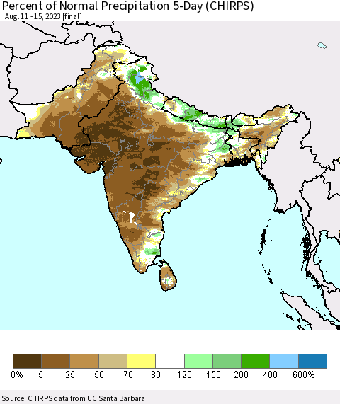 Southern Asia Percent of Normal Precipitation 5-Day (CHIRPS) Thematic Map For 8/11/2023 - 8/15/2023