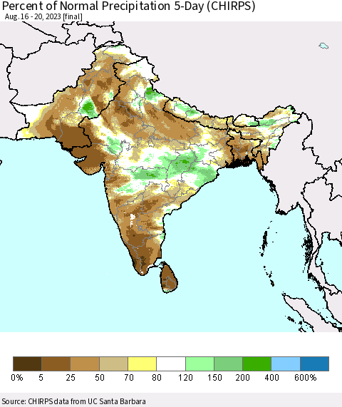Southern Asia Percent of Normal Precipitation 5-Day (CHIRPS) Thematic Map For 8/16/2023 - 8/20/2023