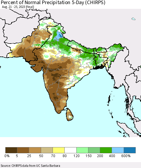 Southern Asia Percent of Normal Precipitation 5-Day (CHIRPS) Thematic Map For 8/21/2023 - 8/25/2023