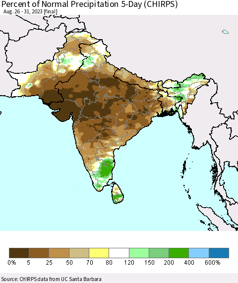 Southern Asia Percent of Normal Precipitation 5-Day (CHIRPS) Thematic Map For 8/26/2023 - 8/31/2023