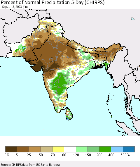 Southern Asia Percent of Normal Precipitation 5-Day (CHIRPS) Thematic Map For 9/1/2023 - 9/5/2023