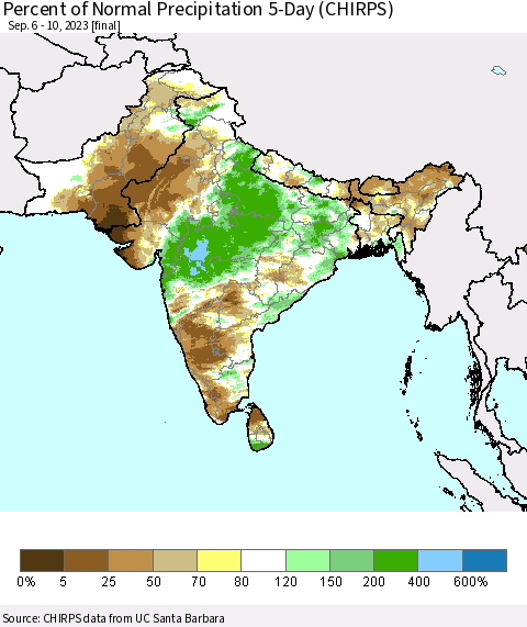 Southern Asia Percent of Normal Precipitation 5-Day (CHIRPS) Thematic Map For 9/6/2023 - 9/10/2023