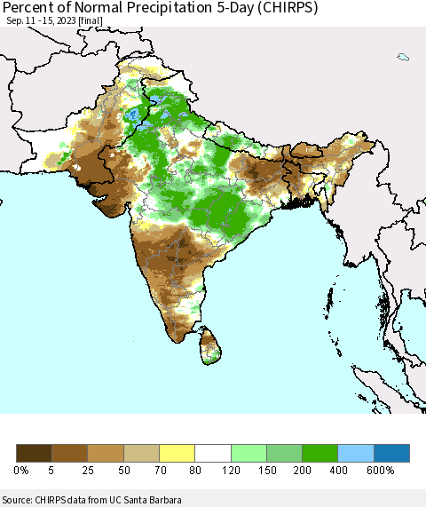 Southern Asia Percent of Normal Precipitation 5-Day (CHIRPS) Thematic Map For 9/11/2023 - 9/15/2023