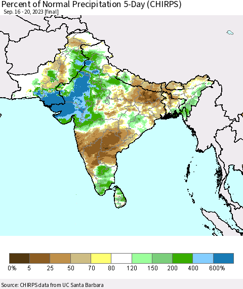 Southern Asia Percent of Normal Precipitation 5-Day (CHIRPS) Thematic Map For 9/16/2023 - 9/20/2023